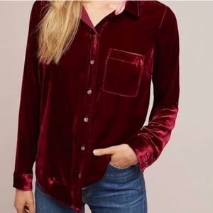 Anthropologie Maeve Red Rouge Karina Velvet Button Down Shirt